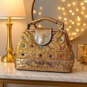 Vintage Baikal Gold Metallic Purse Retro Rhinestone Jewel Handbag Glam Party Bag